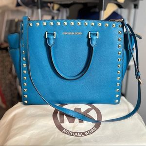 SOLD IN OTHER PLATFORM/ MK Blue Studded Leather Selma Satchel